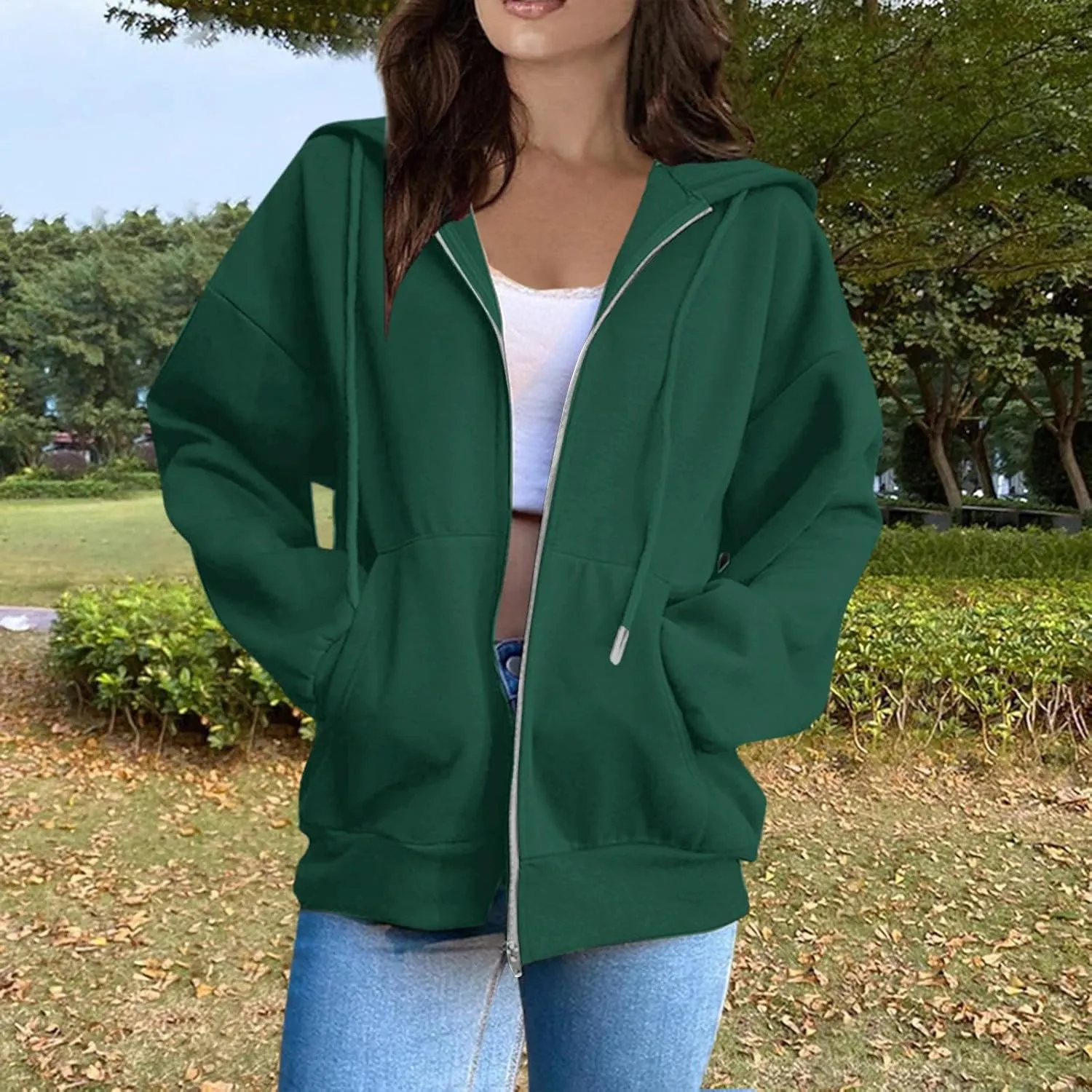 Tops for Women Zip Up Hooded Sweatshirt Ladies Solid Color Long Sleeve Casual Loose Lightweight Jacket with Pockets