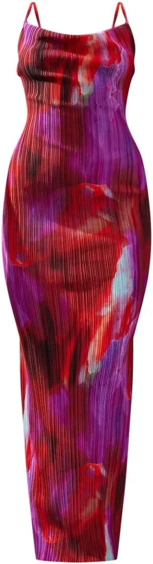 VECVOC Women's Spring Cowl Neck Dress Sexy Strap Shoulder Pleated Maxi Dresses Summer Wedding Guest Dresses