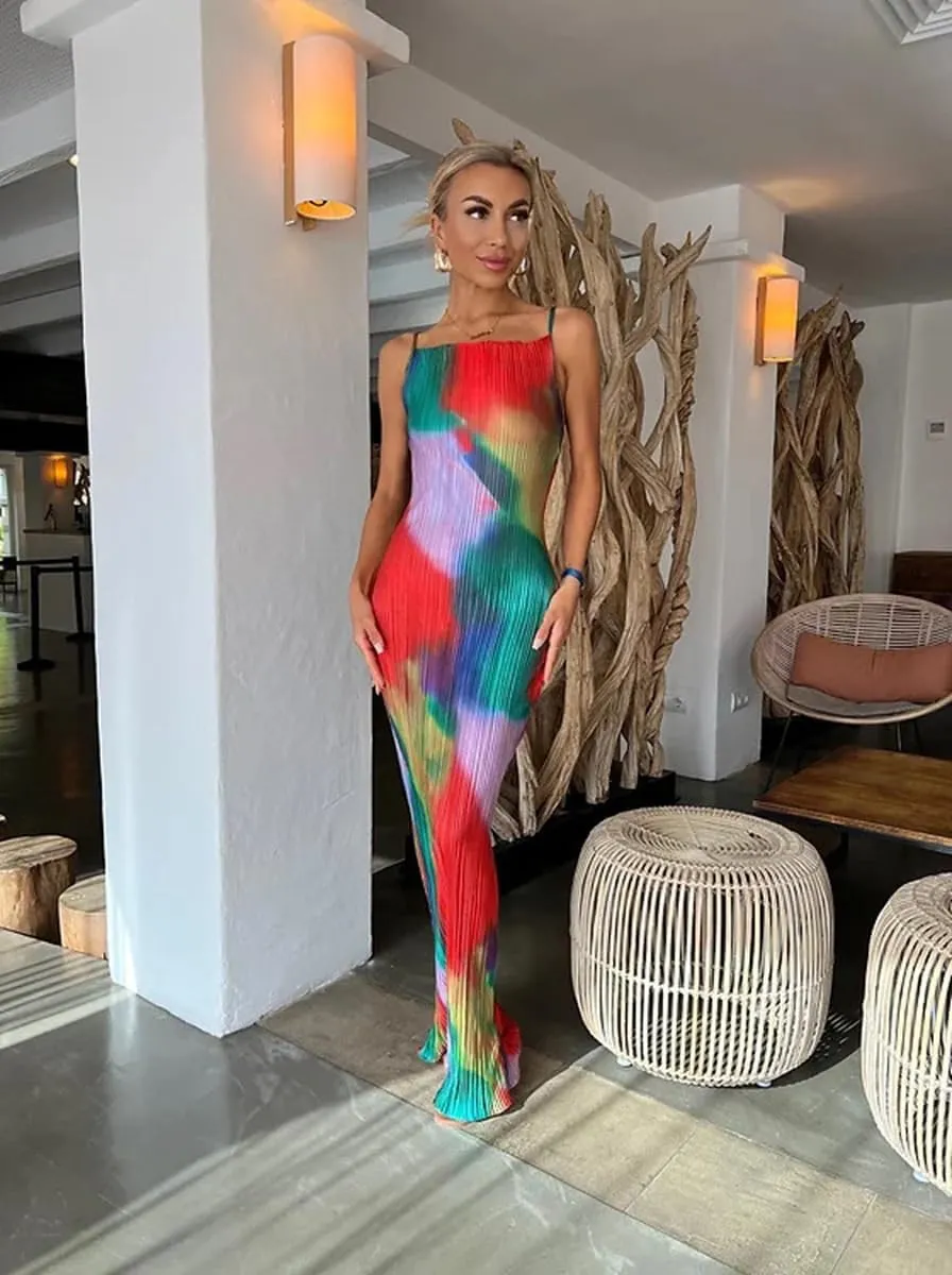 VECVOC Women's Spring Cowl Neck Dress Sexy Strap Shoulder Pleated Maxi Dresses Summer Wedding Guest Dresses