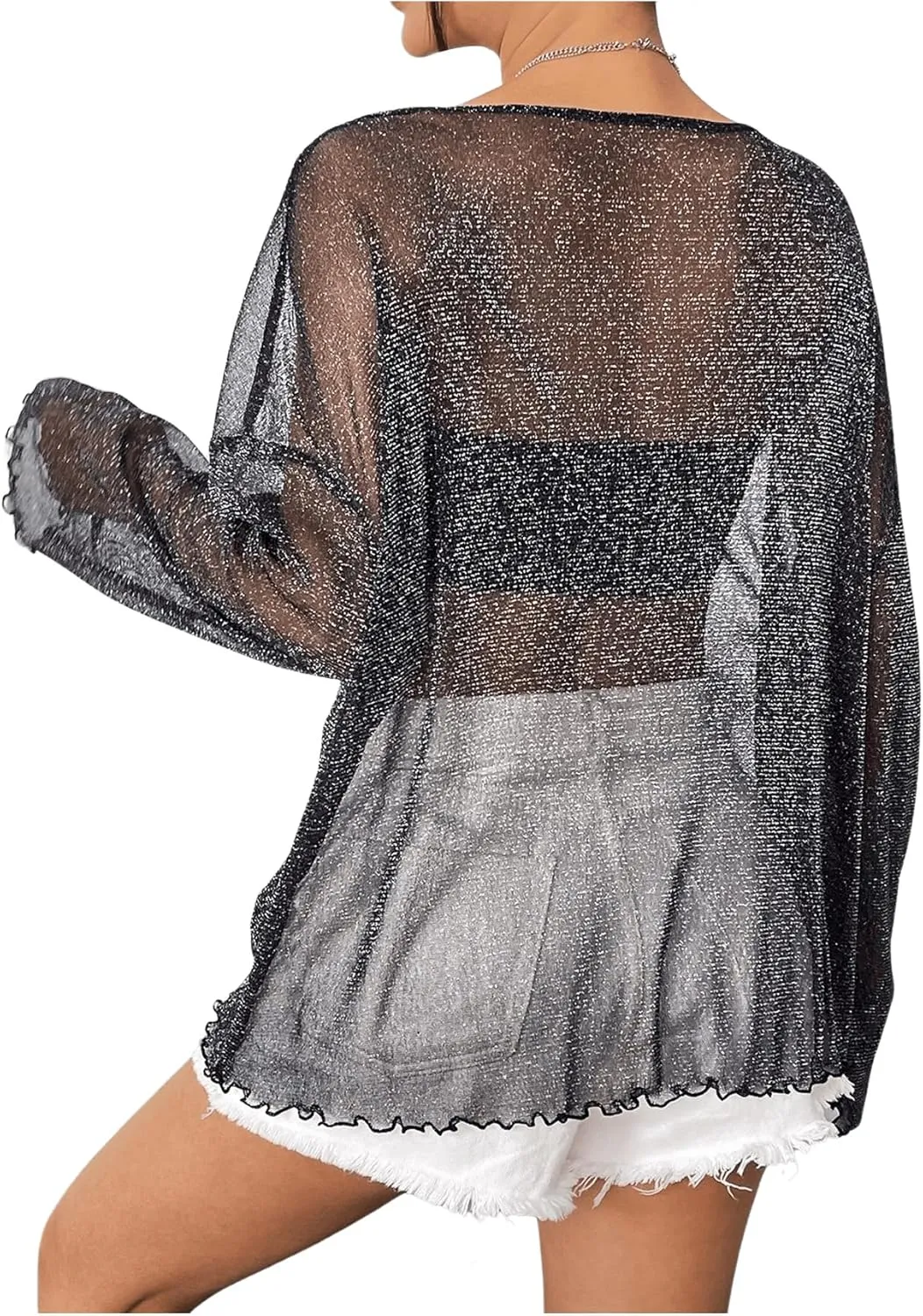 Verdusa Women's Glitter Mesh See Through Top Long Sleeve Oversized Tee Shirt