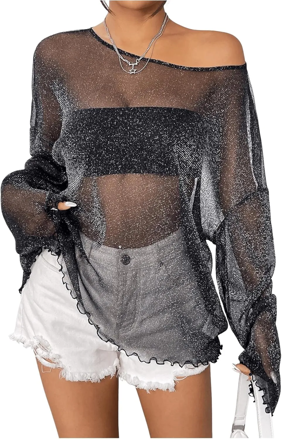 Verdusa Women's Glitter Mesh See Through Top Long Sleeve Oversized Tee Shirt