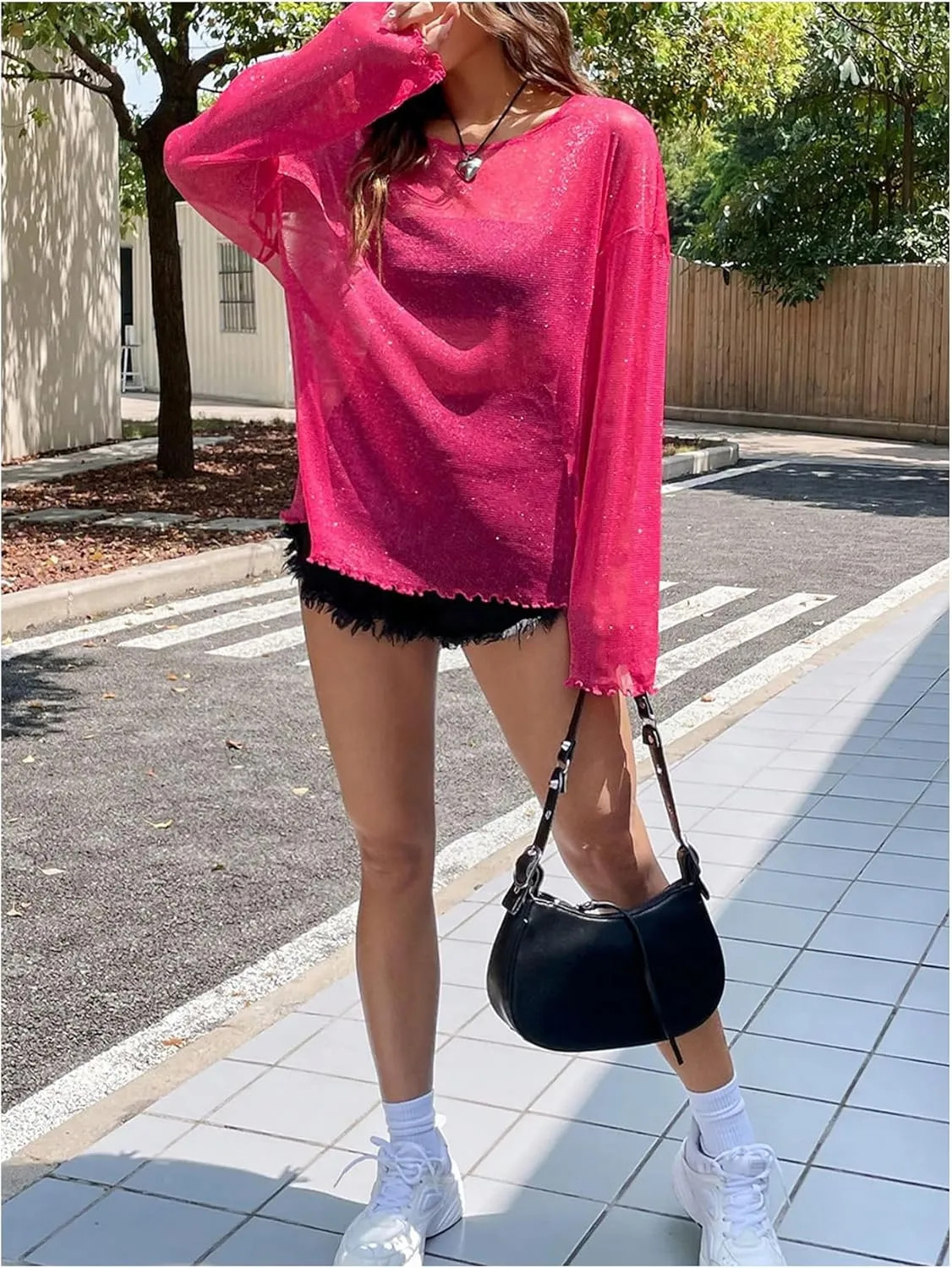 Verdusa Women's Glitter Mesh See Through Top Long Sleeve Oversized Tee Shirt
