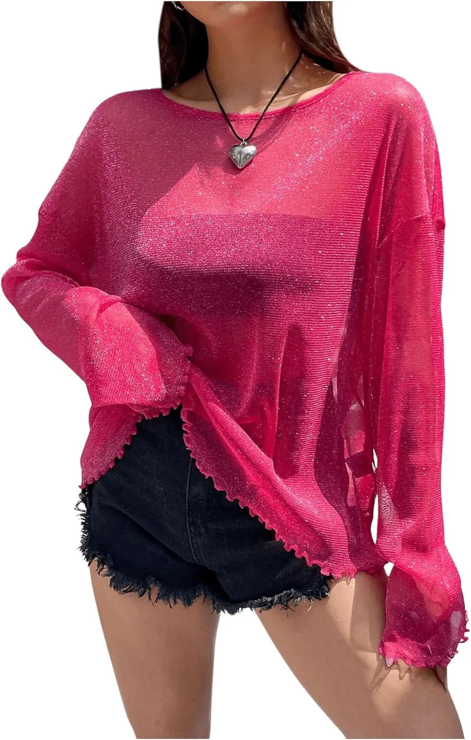 Verdusa Women's Glitter Mesh See Through Top Long Sleeve Oversized Tee Shirt