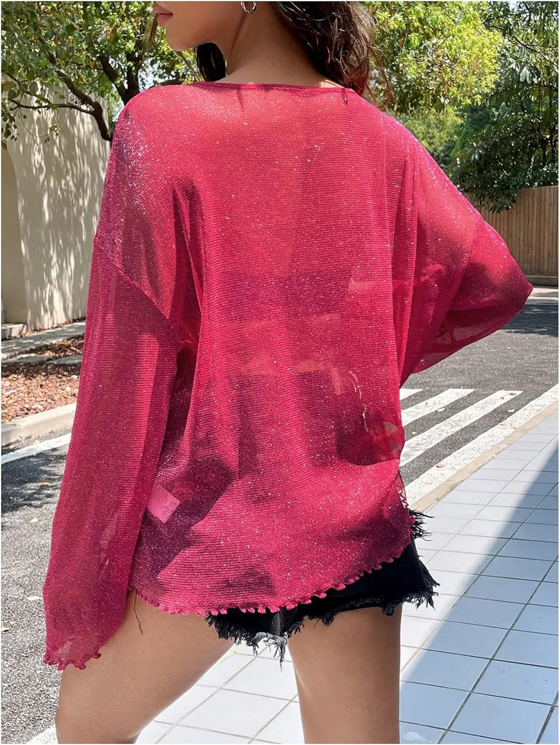 Verdusa Women's Glitter Mesh See Through Top Long Sleeve Oversized Tee Shirt