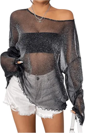 Verdusa Women's Glitter Mesh See Through Top Long Sleeve Oversized Tee Shirt