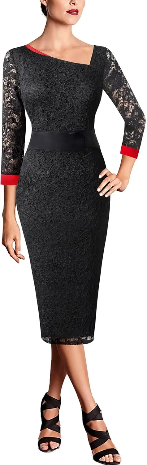 VFSHOW Womens Vintage Asymmetrical Neck Work Business Party Sheath Dress