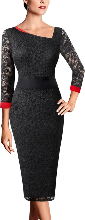 VFSHOW Womens Vintage Asymmetrical Neck Work Business Party Sheath Dress