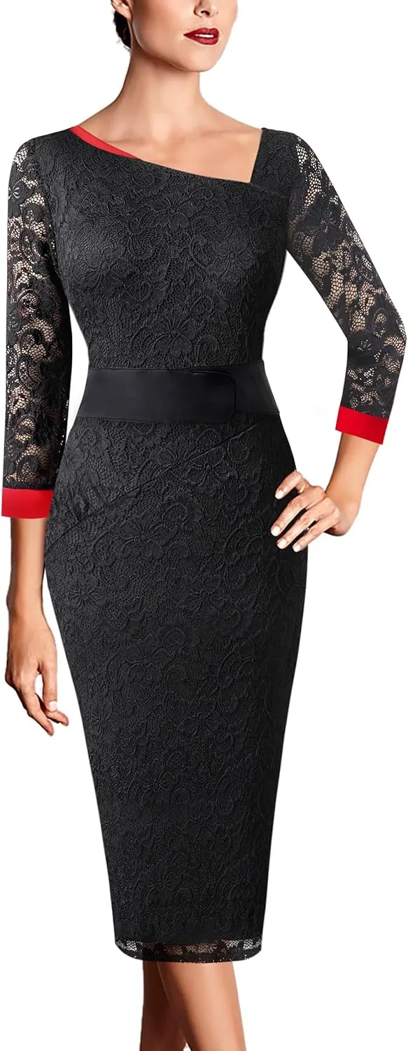 VFSHOW Womens Vintage Asymmetrical Neck Work Business Party Sheath Dress