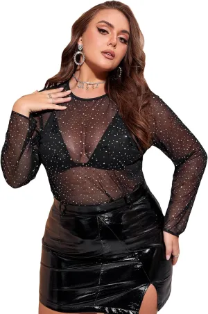 WDIRARA Women's Plus Size Rhinestone Sheer Mesh See Through Round Neck Long Sleeve Top