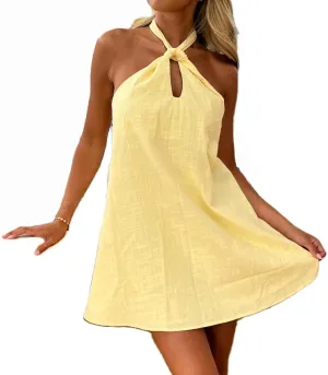Women Y2K Halter Mini Dress Summer Boho Floral Print A-line Sleeveless Backless Beach Vacation Dress Party Clubwear