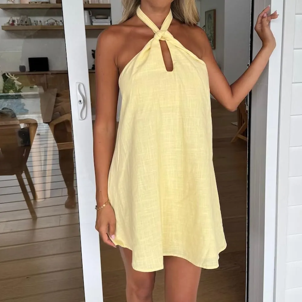 Women Y2K Halter Mini Dress Summer Boho Floral Print A-line Sleeveless Backless Beach Vacation Dress Party Clubwear