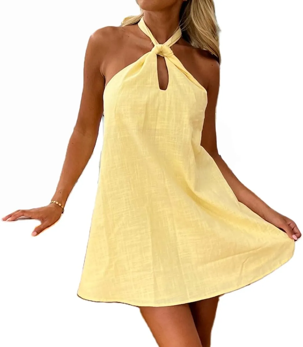 Women Y2K Halter Mini Dress Summer Boho Floral Print A-line Sleeveless Backless Beach Vacation Dress Party Clubwear