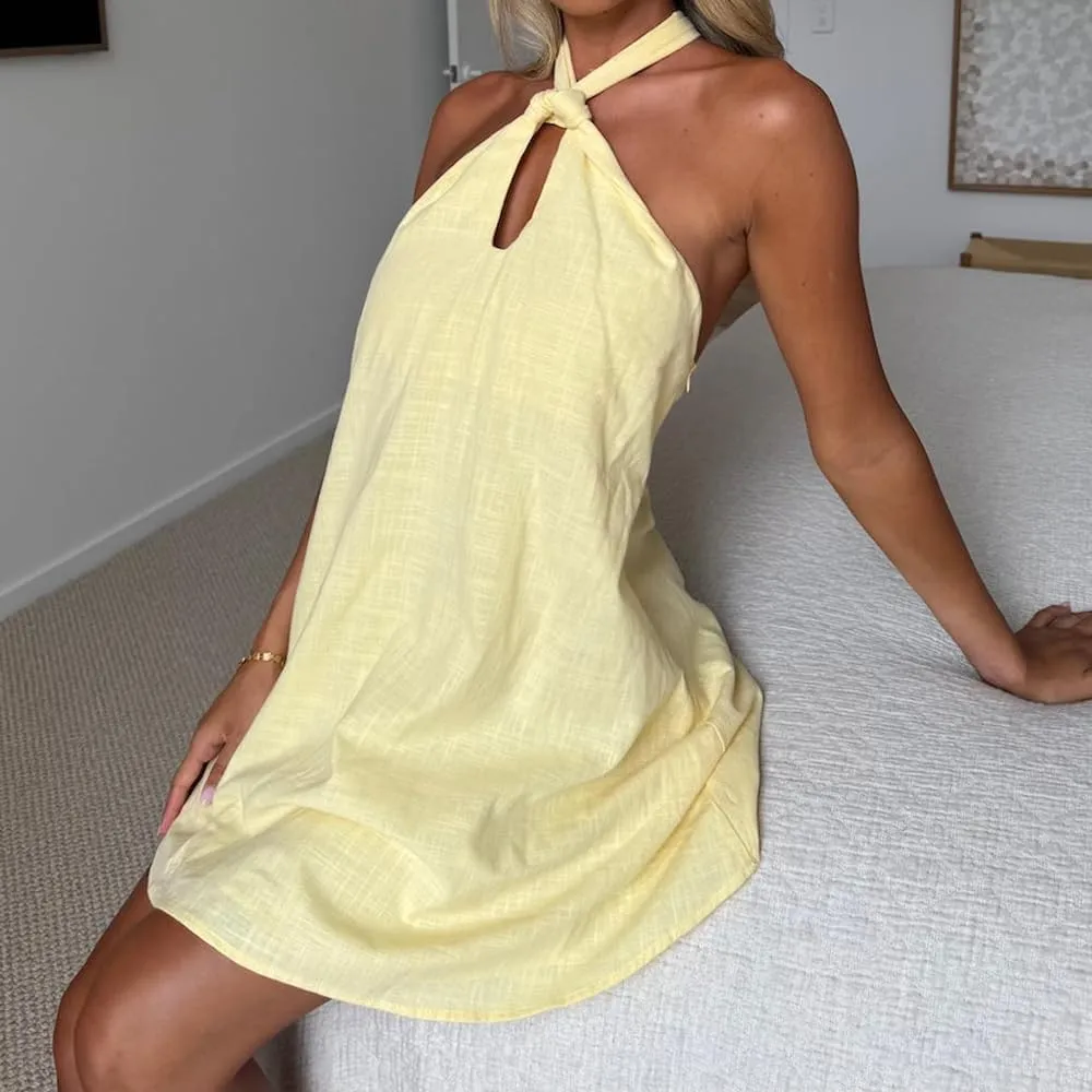 Women Y2K Halter Mini Dress Summer Boho Floral Print A-line Sleeveless Backless Beach Vacation Dress Party Clubwear