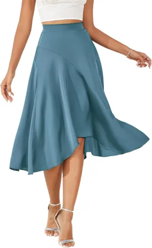 Women's 2023 Satin Elastic High Waist Asymmetrical Ruffle Hem Pleated A-line Flare High Low Midi Skirt