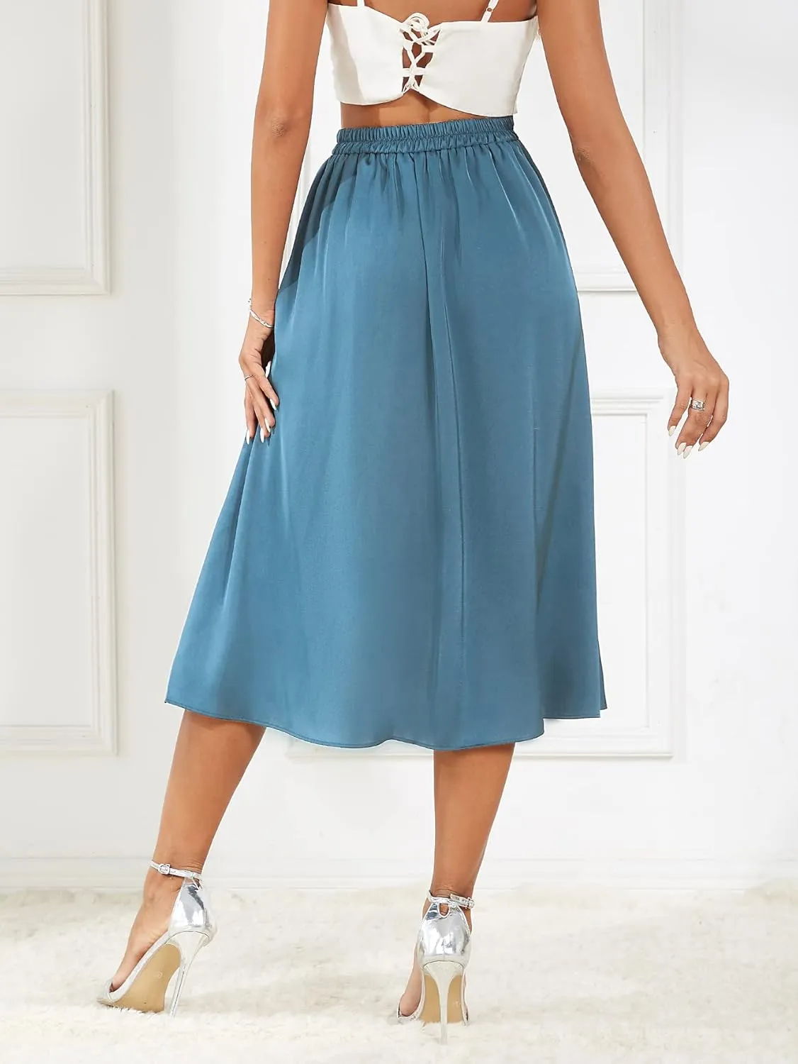 Women's 2023 Satin Elastic High Waist Asymmetrical Ruffle Hem Pleated A-line Flare High Low Midi Skirt