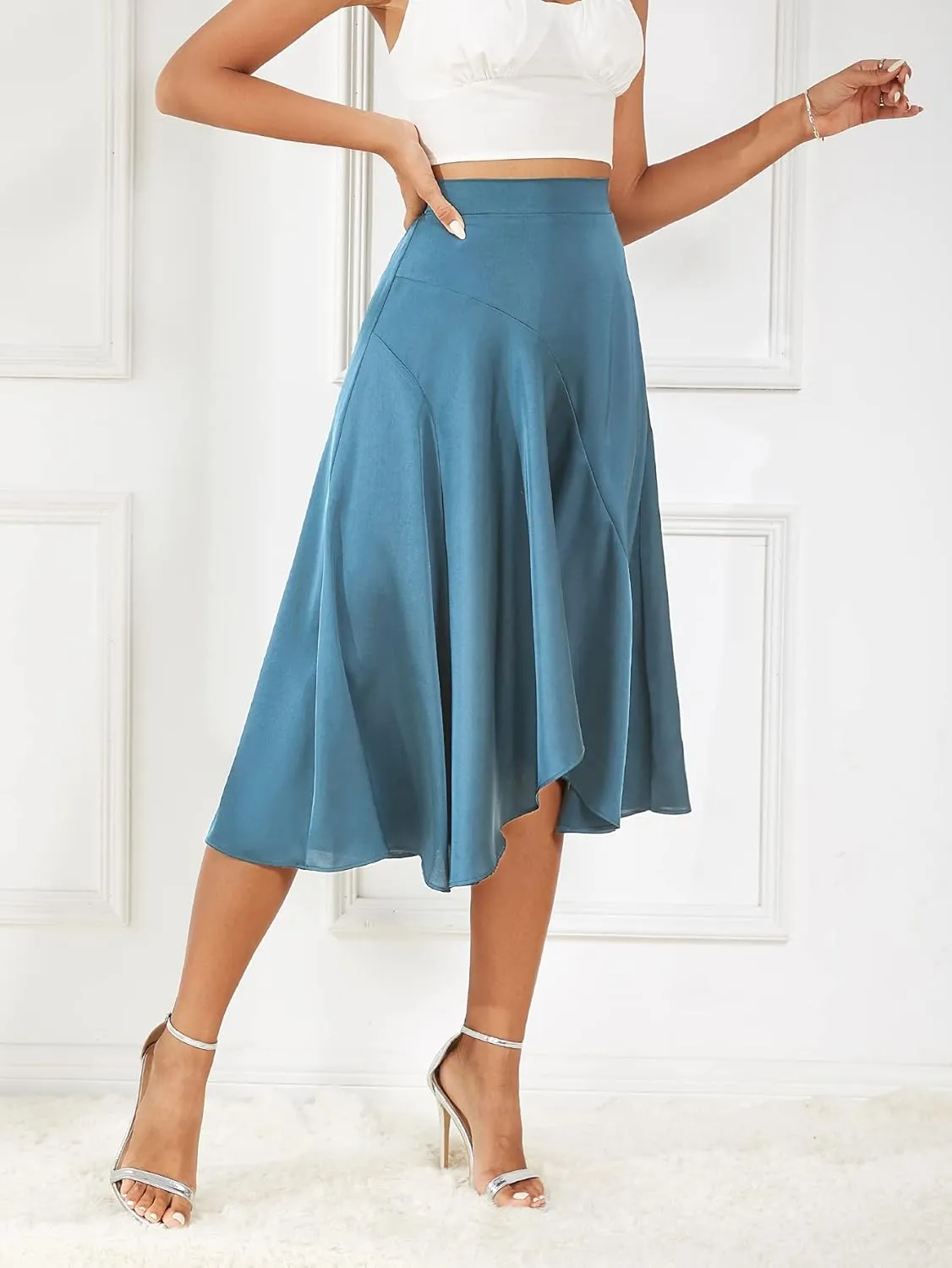 Women's 2023 Satin Elastic High Waist Asymmetrical Ruffle Hem Pleated A-line Flare High Low Midi Skirt