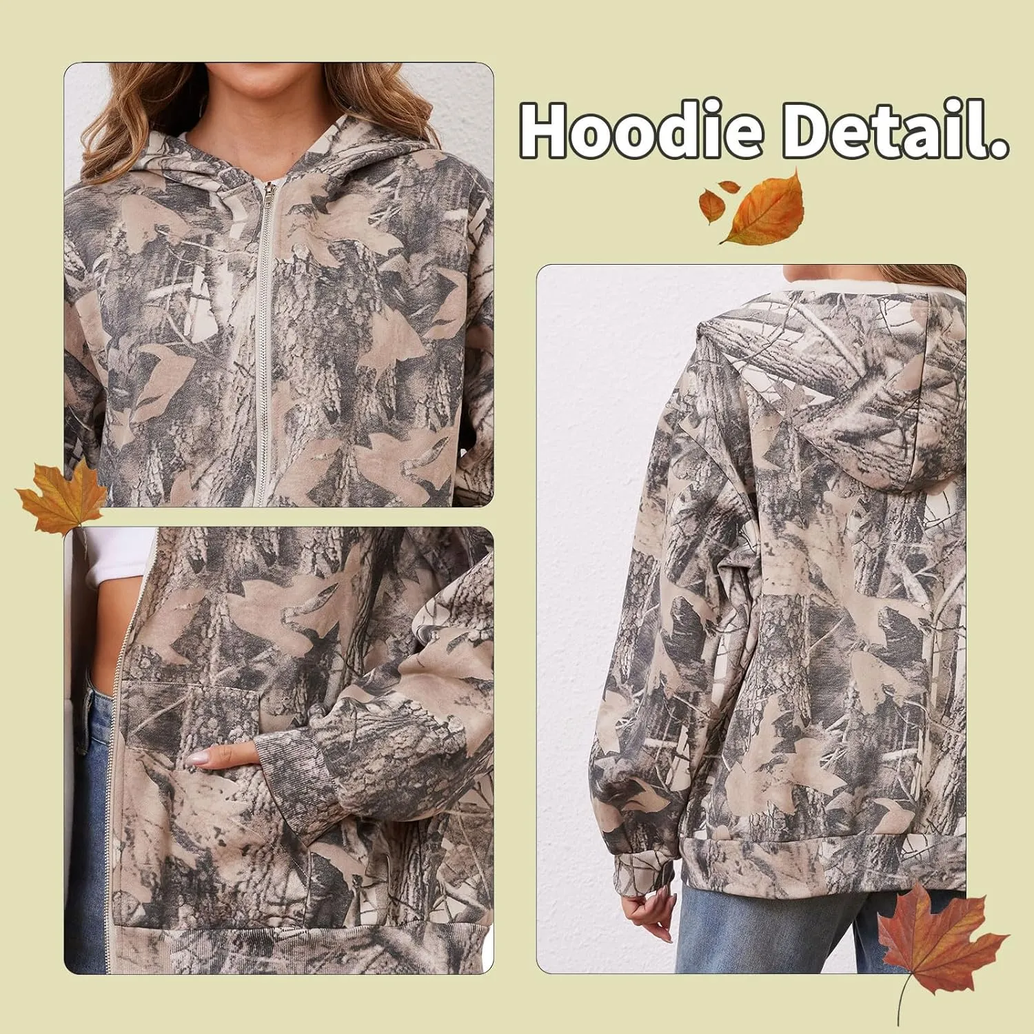 Womens Camo Zip Up Hoodie Long Sleeve Maple Leaf Print Oversized Hooded Jacket Fleece Full Zip Sweatshirt with Pockets