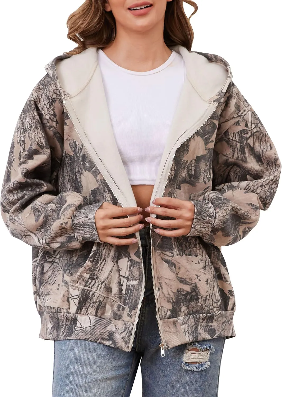 Womens Camo Zip Up Hoodie Long Sleeve Maple Leaf Print Oversized Hooded Jacket Fleece Full Zip Sweatshirt with Pockets