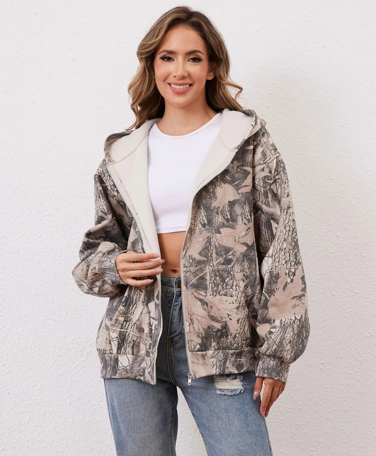 Womens Camo Zip Up Hoodie Long Sleeve Maple Leaf Print Oversized Hooded Jacket Fleece Full Zip Sweatshirt with Pockets