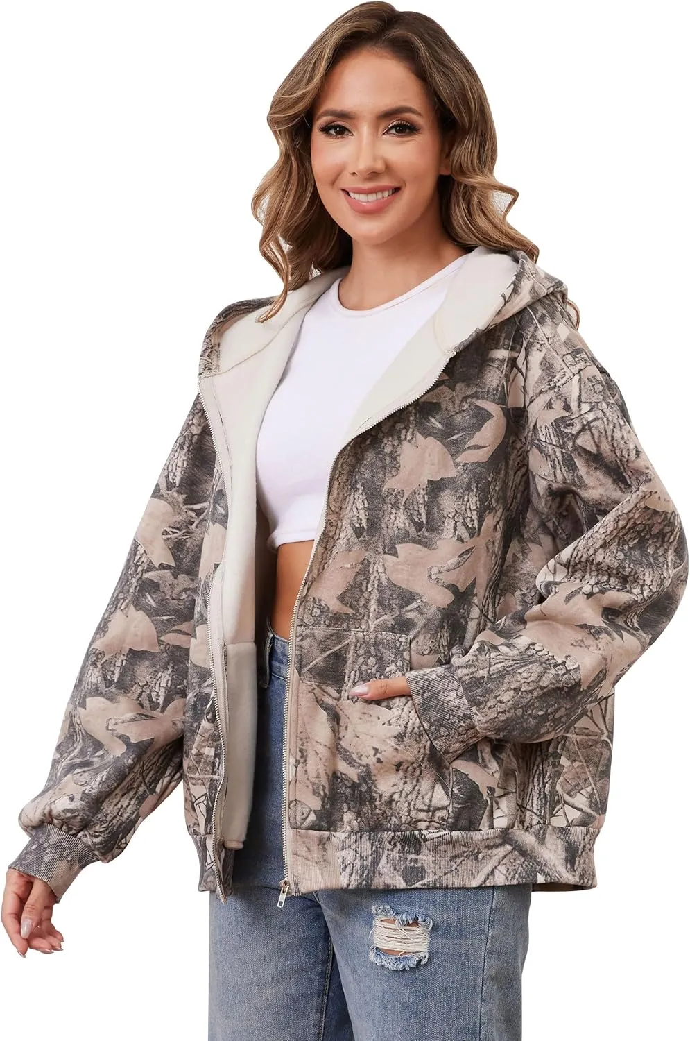 Womens Camo Zip Up Hoodie Long Sleeve Maple Leaf Print Oversized Hooded Jacket Fleece Full Zip Sweatshirt with Pockets