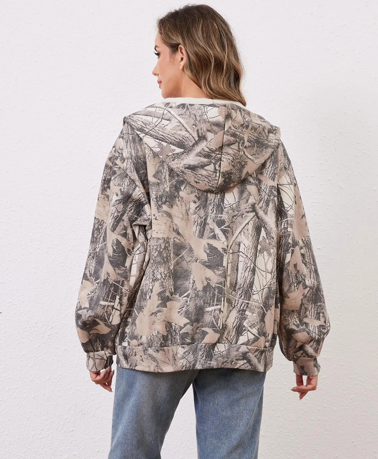 Womens Camo Zip Up Hoodie Long Sleeve Maple Leaf Print Oversized Hooded Jacket Fleece Full Zip Sweatshirt with Pockets