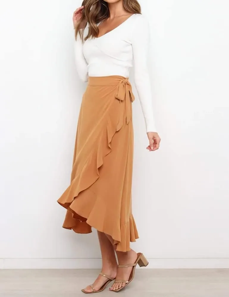 Women's High Waisted Wrap Ruffle Hem Split Midi Skirt