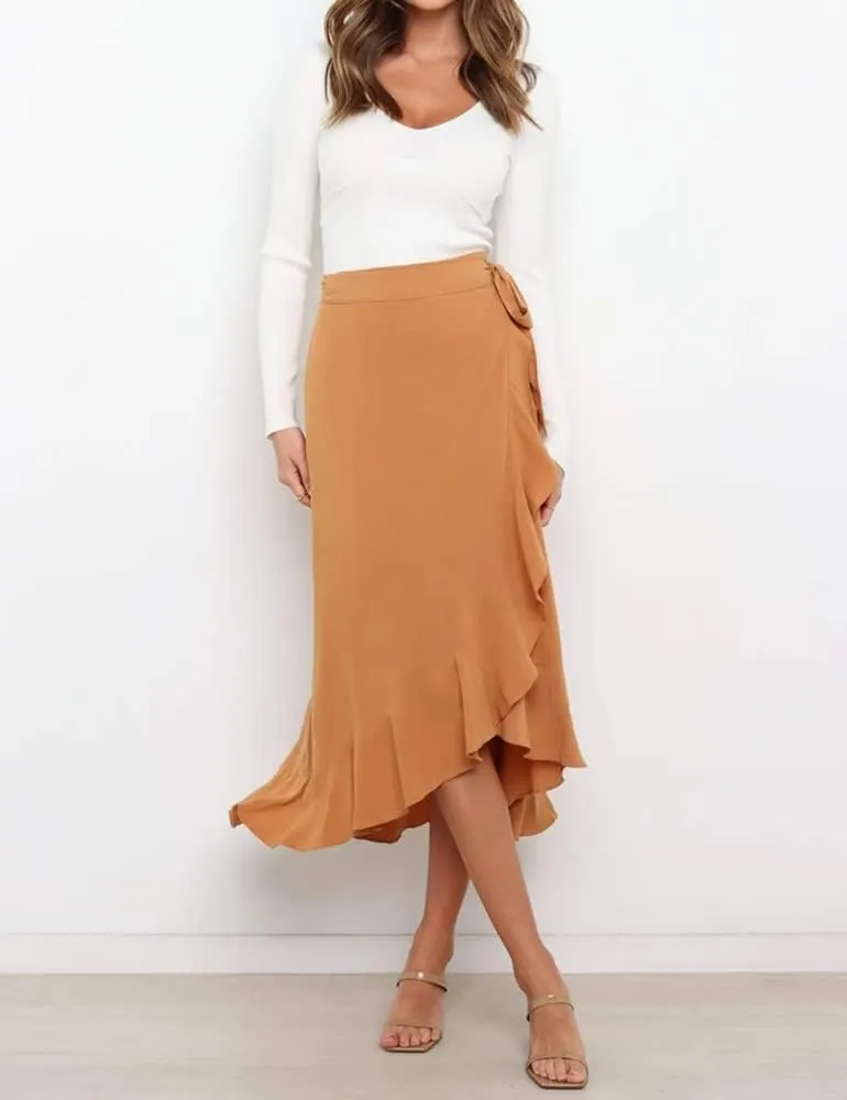 Women's High Waisted Wrap Ruffle Hem Split Midi Skirt