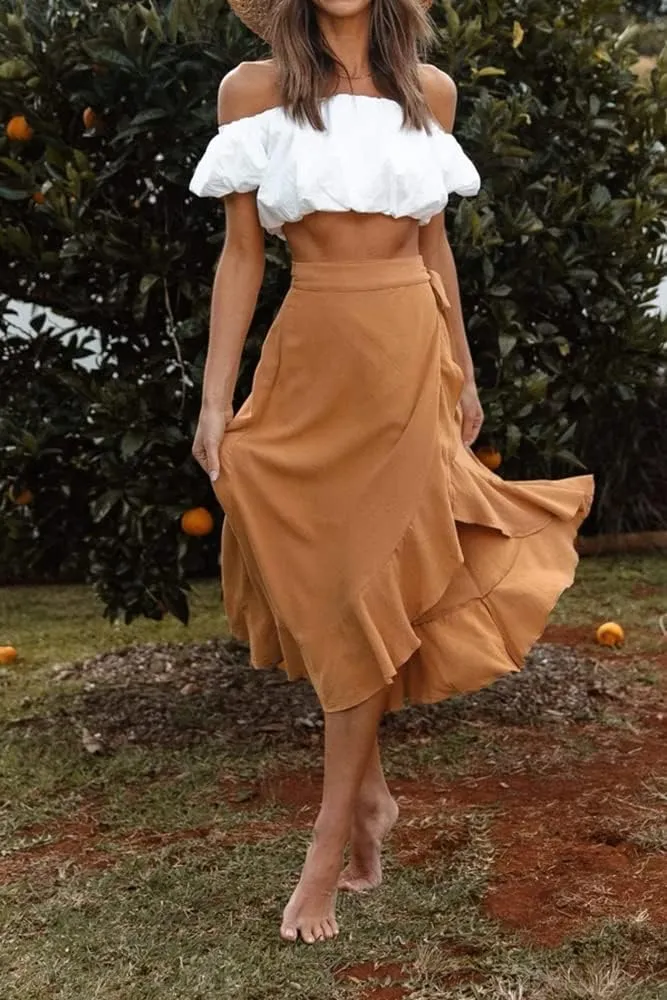 Women's High Waisted Wrap Ruffle Hem Split Midi Skirt