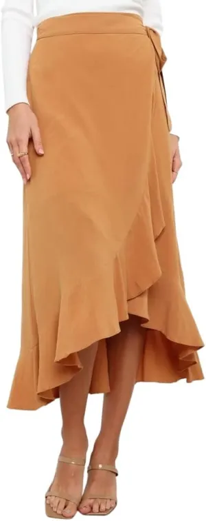 Women's High Waisted Wrap Ruffle Hem Split Midi Skirt