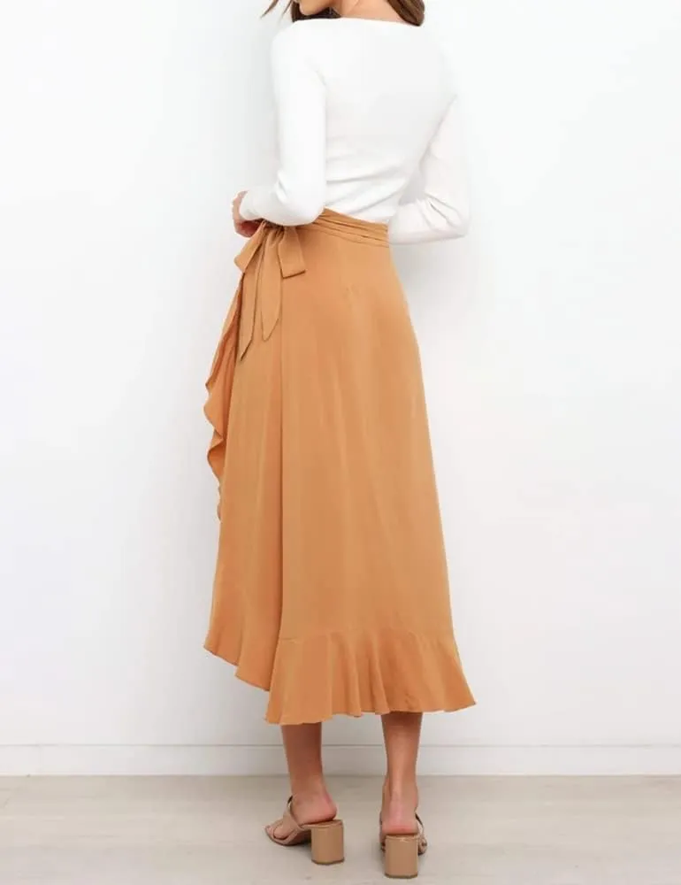 Women's High Waisted Wrap Ruffle Hem Split Midi Skirt
