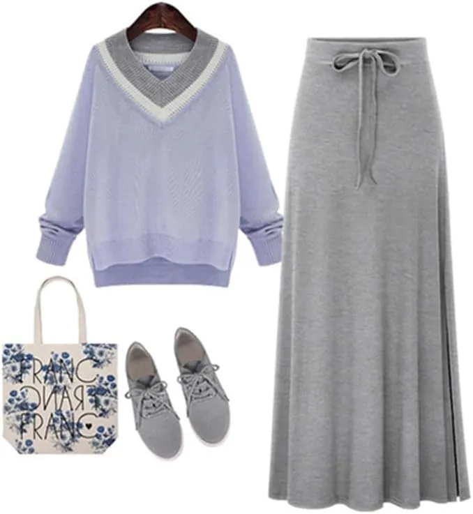 Womens Knit Long Skirts with Side Slit | Ribbed High Waist Stretch Skirt with Drawstring, Casual Solid Dresses