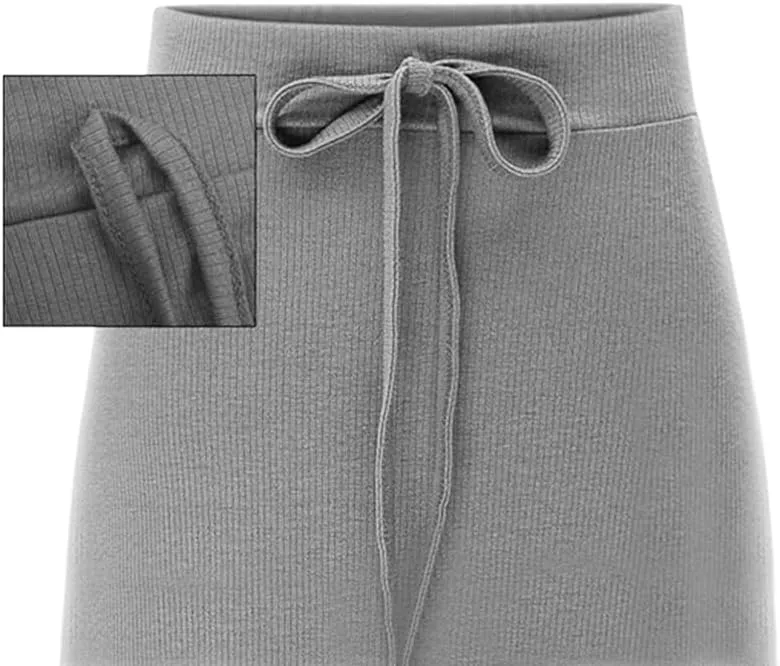 Womens Knit Long Skirts with Side Slit | Ribbed High Waist Stretch Skirt with Drawstring, Casual Solid Dresses