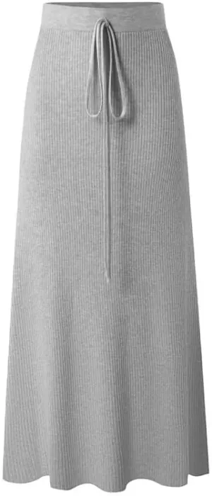 Womens Knit Long Skirts with Side Slit | Ribbed High Waist Stretch Skirt with Drawstring, Casual Solid Dresses