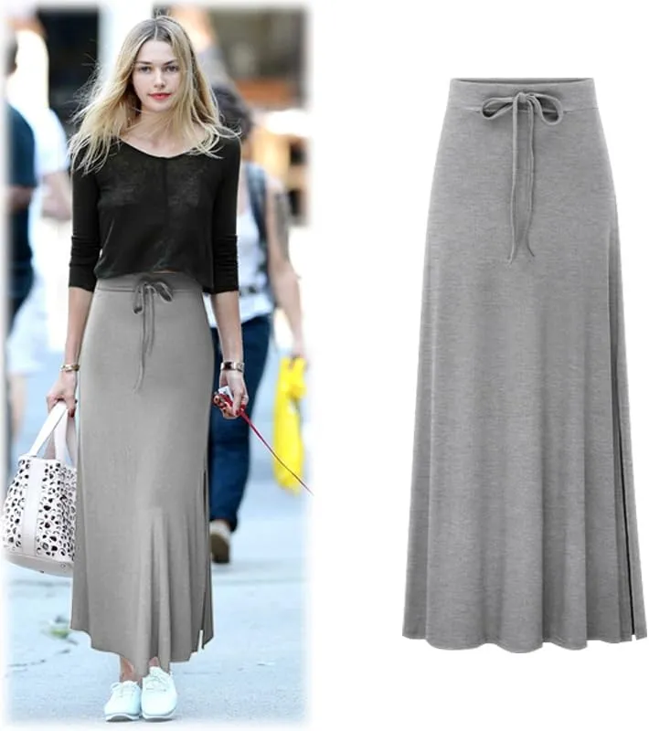 Womens Knit Long Skirts with Side Slit | Ribbed High Waist Stretch Skirt with Drawstring, Casual Solid Dresses