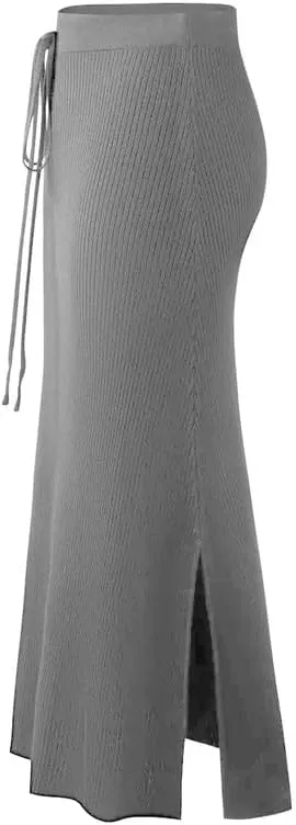 Womens Knit Long Skirts with Side Slit | Ribbed High Waist Stretch Skirt with Drawstring, Casual Solid Dresses