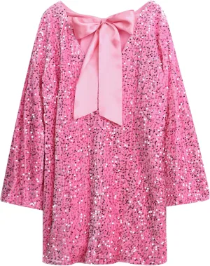Womens Long Sleeve Sparkly Sequin Mini Dress Backless Bow Tie Short Dress Loose Fit Party Cocktail Glitter Dresses
