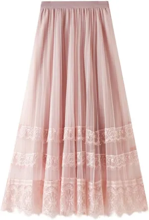 Women's Midi Skirt Elastic High Waist Lace Tulle Skirt Pleated Skirt
