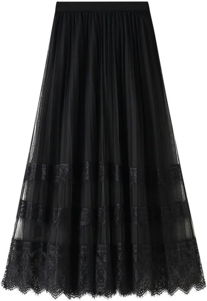 Women's Midi Skirt Elastic High Waist Lace Tulle Skirt Pleated Skirt