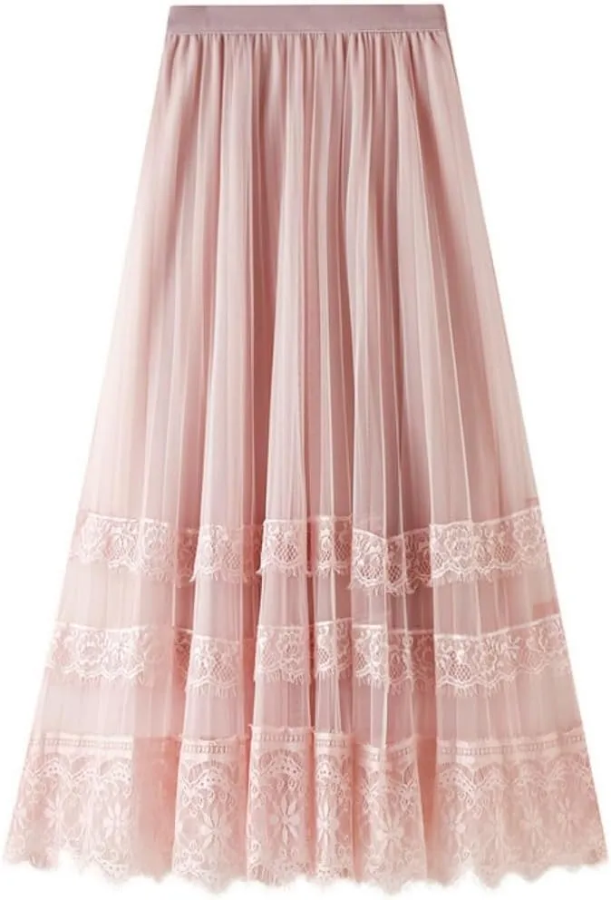 Women's Midi Skirt Elastic High Waist Lace Tulle Skirt Pleated Skirt