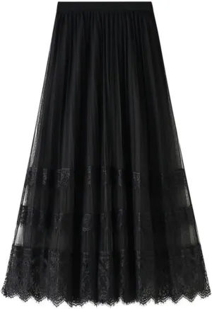 Women's Midi Skirt Elastic High Waist Lace Tulle Skirt Pleated Skirt