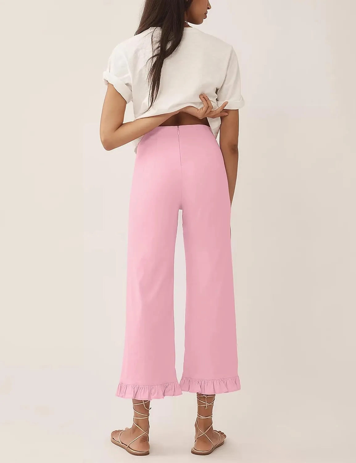 Women's Plaid Flare Pants Summer Casual Gingham Elastic Waist Ruffle Cropped Hem Y2K Loose Fit Trousers with Pockets