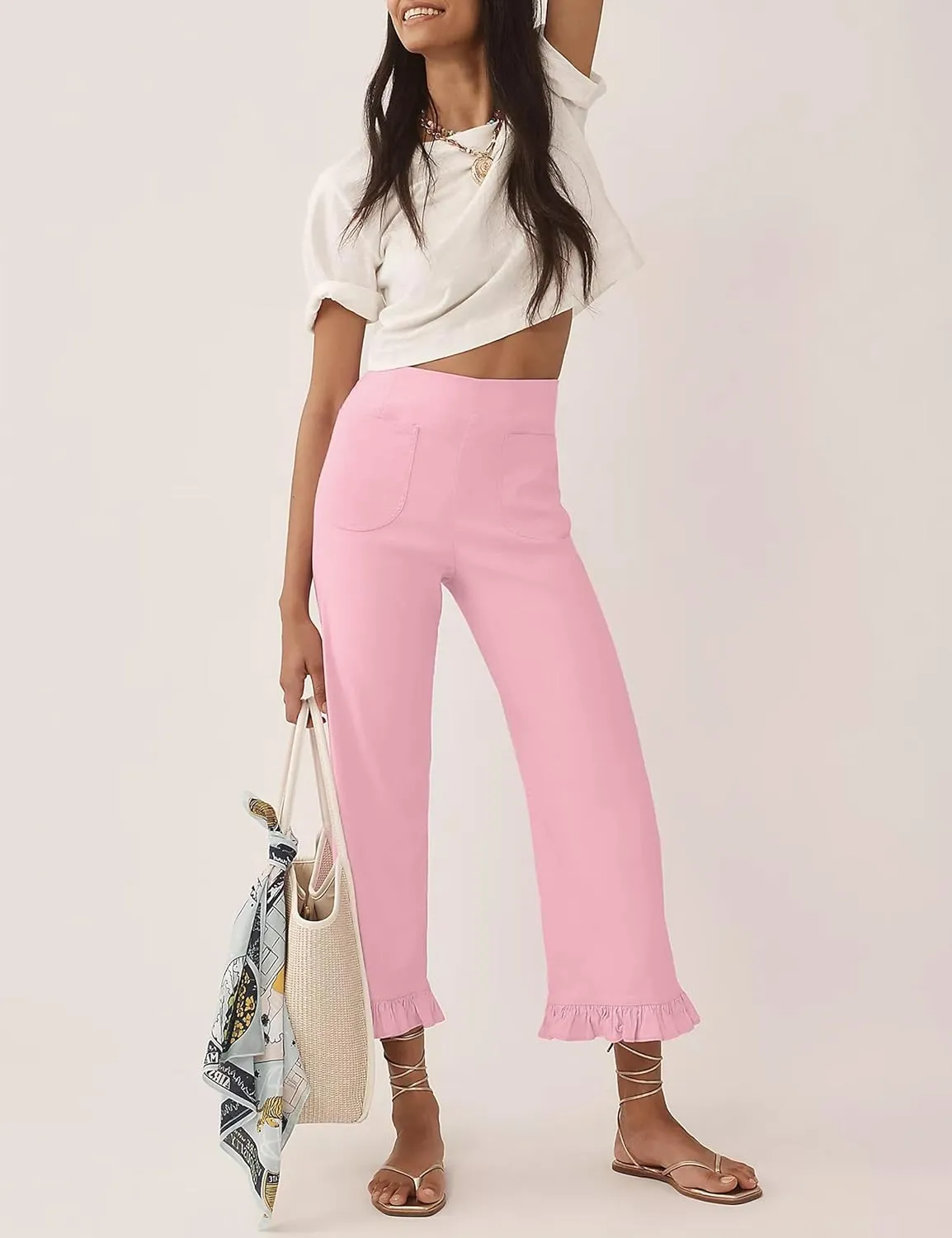 Women's Plaid Flare Pants Summer Casual Gingham Elastic Waist Ruffle Cropped Hem Y2K Loose Fit Trousers with Pockets