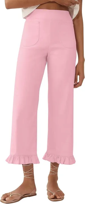 Women's Plaid Flare Pants Summer Casual Gingham Elastic Waist Ruffle Cropped Hem Y2K Loose Fit Trousers with Pockets