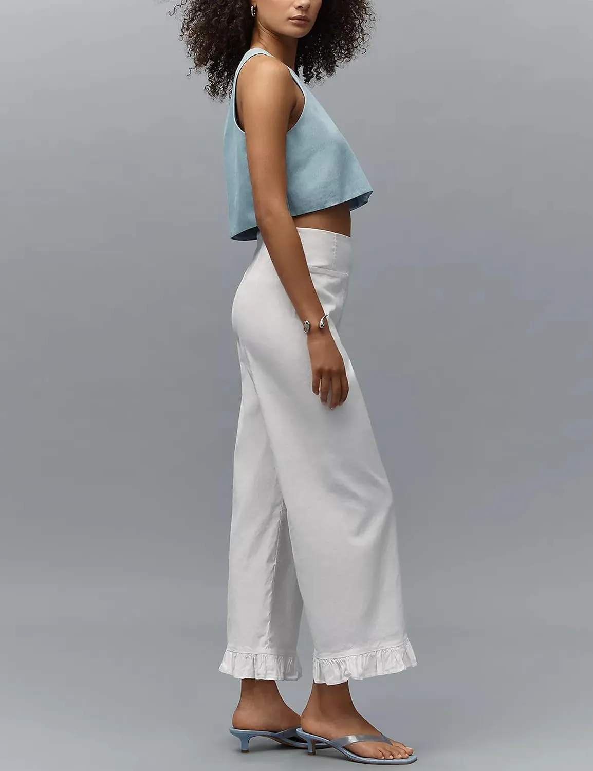 Women's Plaid Flare Pants Summer Casual Gingham Elastic Waist Ruffle Cropped Hem Y2K Loose Fit Trousers with Pockets