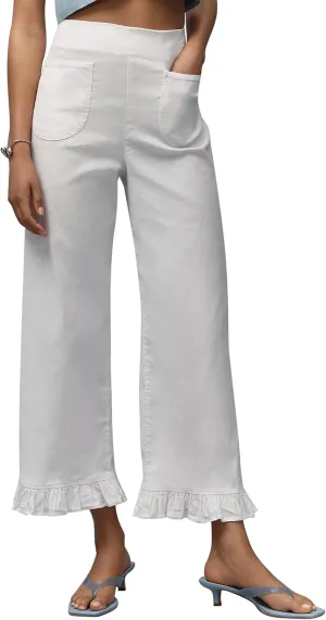 Women's Plaid Flare Pants Summer Casual Gingham Elastic Waist Ruffle Cropped Hem Y2K Loose Fit Trousers with Pockets