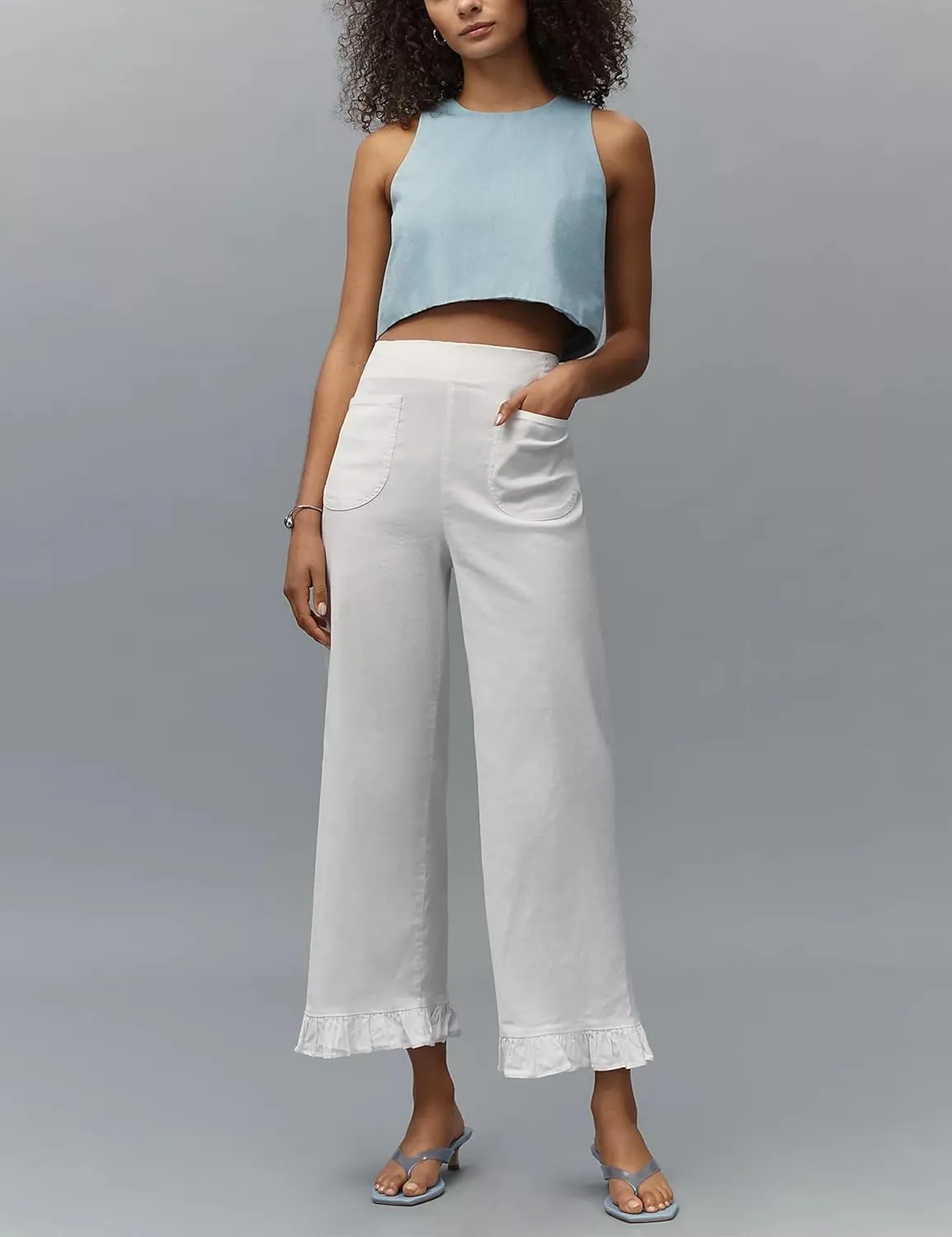 Women's Plaid Flare Pants Summer Casual Gingham Elastic Waist Ruffle Cropped Hem Y2K Loose Fit Trousers with Pockets