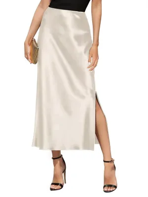 Women's Satin High Waisted Side Split Maxi Skirt Elastic Waistband Elegant Work Skirts Party A-Line Skirts