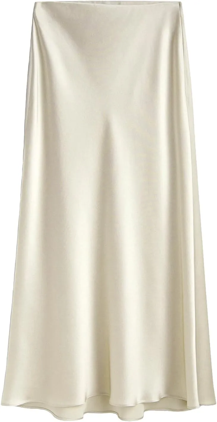 Women's Satin High Waisted Side Split Maxi Skirt Elastic Waistband Elegant Work Skirts Party A-Line Skirts
