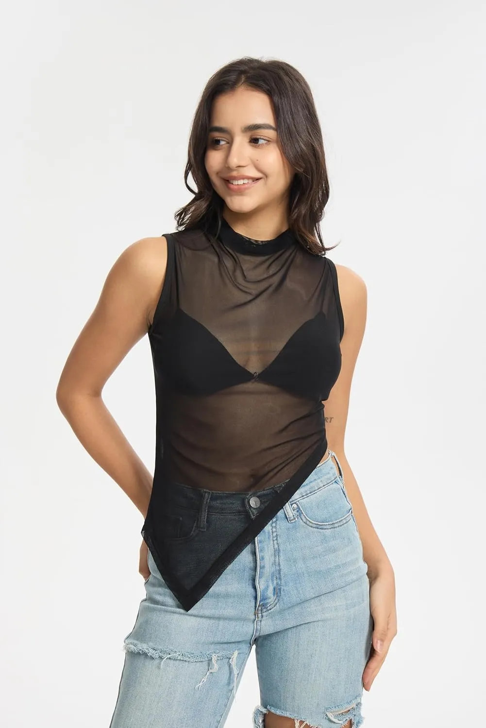 Women's Sheer Mesh Tank Tops Mock Neck Sleeveless Asymmetrical Hem Crop Top See Through Shirts