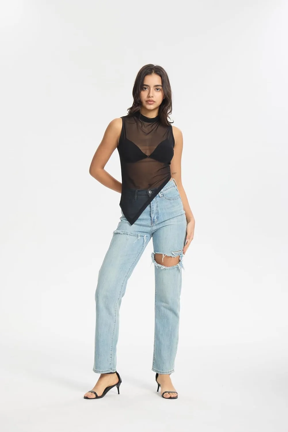 Women's Sheer Mesh Tank Tops Mock Neck Sleeveless Asymmetrical Hem Crop Top See Through Shirts
